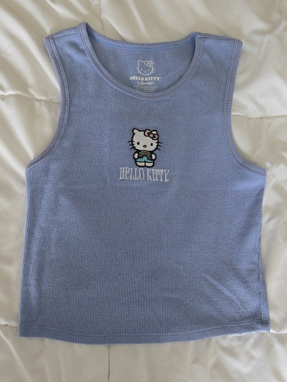 Hello Kitty Ribbed Crop Tank Top Pastel Blue Rainbow Embroidered Sanrio Size S